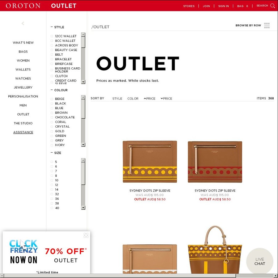Oroton Outlet 70 off, Storewide, Click Frenzy Sale, Delivery 14.95
