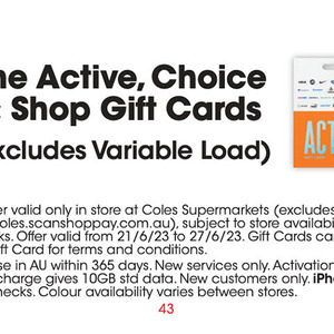 15% off TCN Shop, Active and Choice Gift Cards (Excludes Variable Load) @  Coles - OzBargain