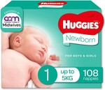 Huggies Newborn & Ultra Dry Nappies Size 1-5 (52 - 108 Count) $29 + Delivery ($0 C&C/ in-Store/ $100 Order) @ Big W
