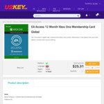 [XB1] EA Access 12 Month Xbox One Membership Card Global US$22.99 (~A$31.93) @ U2KEY