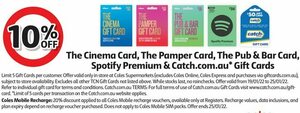 10% off Catch/Spotify/Cinema/Pamper/Pub & Bar Gift Cards | Bonus $25 TCN Active GC with Coles Mobile SIM 12mths 60GB $99 @ Coles