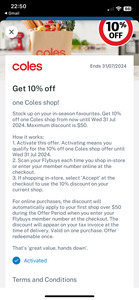 10% off One Coles Shop (Maximum $50 Discount, Activation Required) via Flybuys