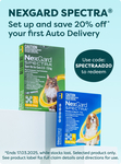 20% off First Nexgard Spectra Auto Delivery Order: e.g. 12-Pack Green $127.51 + Delivery ($0 to Major Areas) @ Pet Circle