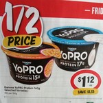 ½ Price Danone Yopro Yoghurt Varieties 160gm $1.12 @ IGA 