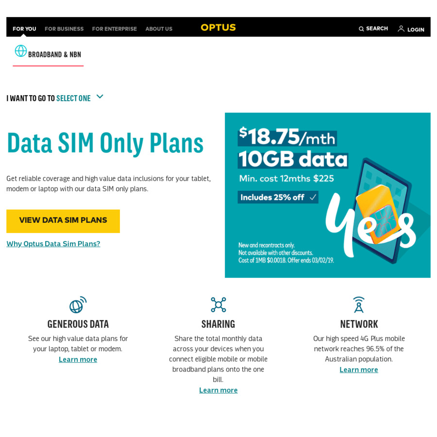 Optus Data Only 10GB SIM Card $18.75 Per Month (Was $25) - 12 Month