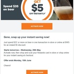 $5 off When You Spend $35* on Beer at BWS (*Targeted - Required Spend Amounts Vary)