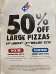 50% off Large Traditional or Premium Pizzas, Pickup or Delivered @ Select Domino's Stores