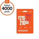 amaysim 1 Year Prepaid Starter Pack 210GB $189 (Save $26), 140GB $145 (Save $20), Bonus 4000 Everyday Reward Points @ Woolworths