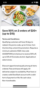 50% off Order (Minimum $20 Spend, Maximum $15 off, 2 Uses) @ DoorDash