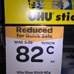 UHU Glue Stick 40g Blue $0.82, Clear $0.90 @ Woolworths