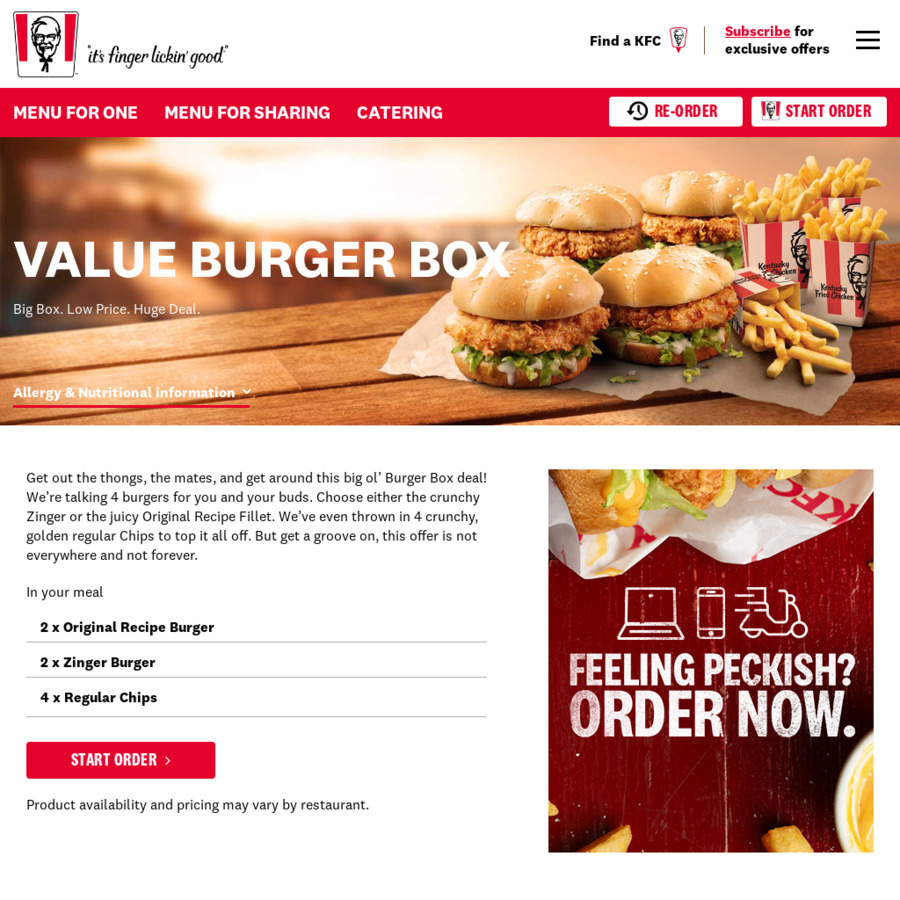 4x Burgers + 4x Regular Chips (Value Burger Box) $19.95 @ KFC - OzBargain