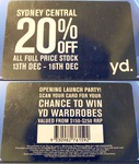 20% off Full-Price Stock at Sydney Central YD + Chance to Win $150- $250 Items w/ Purchase
