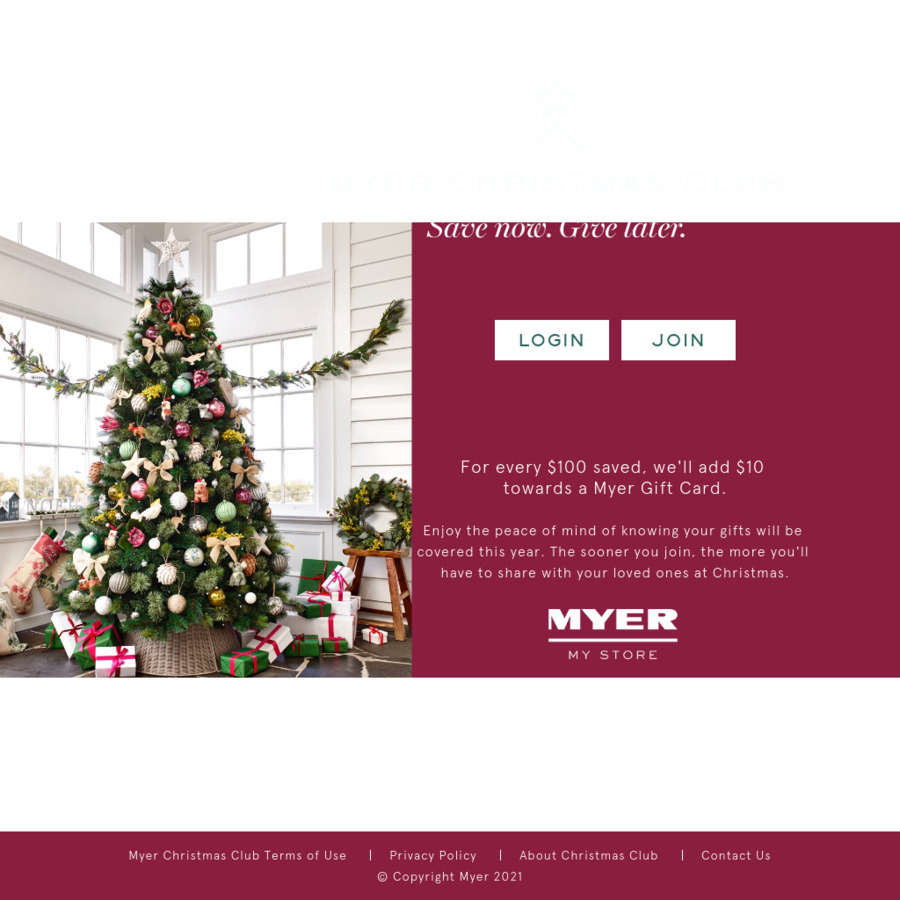 Myer Christmas Club 20 Bonus for 200 Deposit + 10 for Every 100