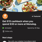 Get $15 Cashback When You Spend $30 or More at Menulog @ Commbank Rewards (Activation Required)