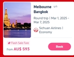 Sichuan Airlines $50 off Min $300 Spend on Economy Fare: eg Melbourne to Bangkok Return (8-14/5) from $543 @ Trip.com (App Only)