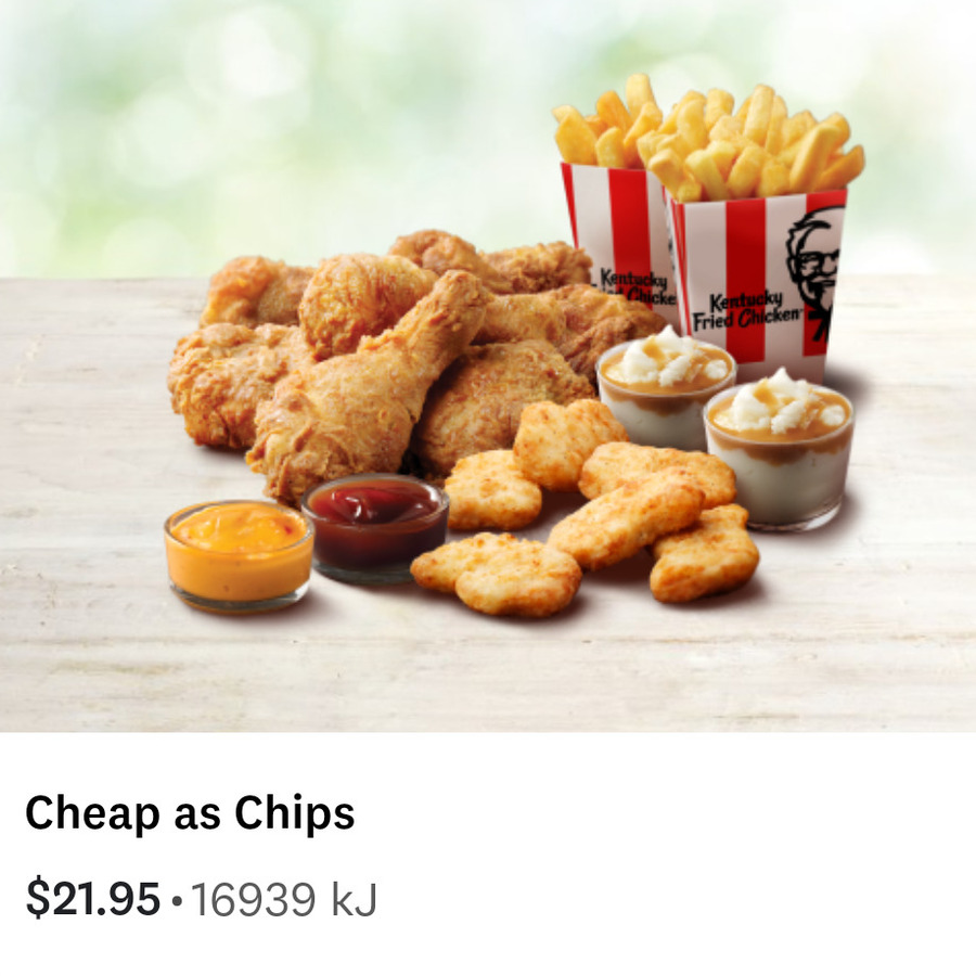 Cheap as Chips Deal 21.95 Pick Up, 24.95 + 8.95 Delivery KFC (App Required) OzBargain