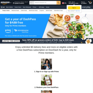 Free DashPass (up to 1 Year) with Amazon Canada Prime Membership C$9.99/Month (~A$11) @ DoorDash & Amazon Canada