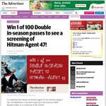 Win 1 of 100 Double In-Season Passes to Hitman - Agent 47 from The Advertiser (SA)