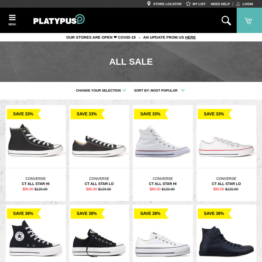 Converse Chuck Taylor Sale $80 (Was $120-$130) @ Platypus Shoes - OzBargain