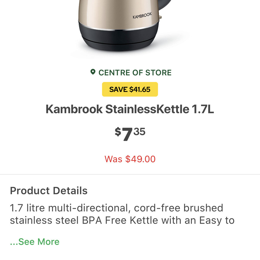 Kambrook Stainless Kettle 1.7L 7.35 (Was 49) Woolworths OzBargain