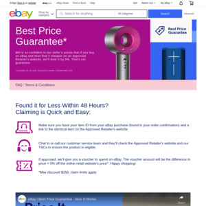eBay Best Price Guarantee on New Fixed Price Items: Credit on Difference of Competitor Price + 5% off (Max Claim $150) @ eBay AU