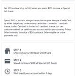10% Cashback When You Spend $100 or More at Special Gift Cards (Capped at $20) @ Westpac Extras