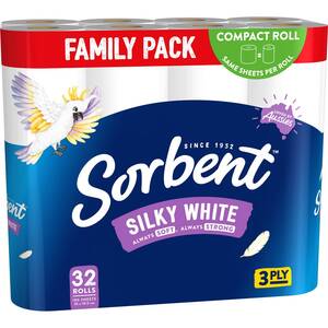 ½ Price 32-Pack Sorbent 3-Ply Silky White Toilet Paper $8 @ Woolworths