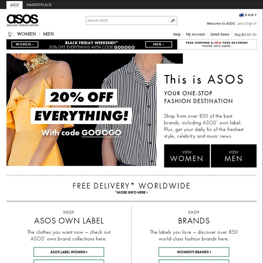 Black Friday/Cyber Monday: 20% off Everything @ ASOS (Free Shipping ...
