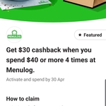 CommBank Rewards - $30 Cashback on Spending $40 or More 4 Times @ Menulog (Cashback and Spending Requirements May Vary)