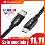 Cabletime USB-C to USB-C 60W PD Cable 1m US$1.42 (~A$1.89), 2m US$2.52 (~A$3.36) Delivered @ Cabletime Official AliExpress