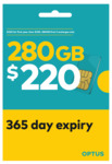 Optus Pre-Paid SIM 12-Month Expiry 280GB for $220 ($320 Ongoing, 200GB from 4th Year) + $100 Cashreward Cashback @ Optus