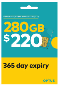 Optus Pre-Paid SIM 12-Month Expiry 280GB $220 ($320 Thereafter, 200GB from 4th Year) + $100 Cashback via Cashrewards @ Optus