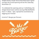 [VIC] Free Burger 364 Chapel Street South Yarra on The 23 NOV 11:30am to 3pm