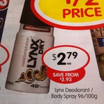 Lynx Deodorant / Body Spray 96/100g $2.79 ea  (Save $2.93) @ Supa IGA Vic 19/03