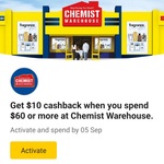CommBank Rewards: Spend $60 Get $10 Cashback @ Chemist Warehouse