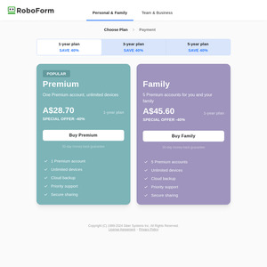 40% off RoboForm Password Manager 1-Year Plan: Premium A$28.70, Family A$45.60 @ RoboForm