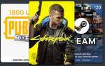 Win a Key for Cyberpunk 2077 on GOG, a $20 USD Steam Gift Card, or a PUBG Mobile 1800 UC Gift Card from Premium CD Keys