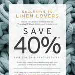 40% off Full Priced Items + 20% off Already Reduced Items (+ Free Delivery) @ Adairs [Linen Lovers Membership Required*]