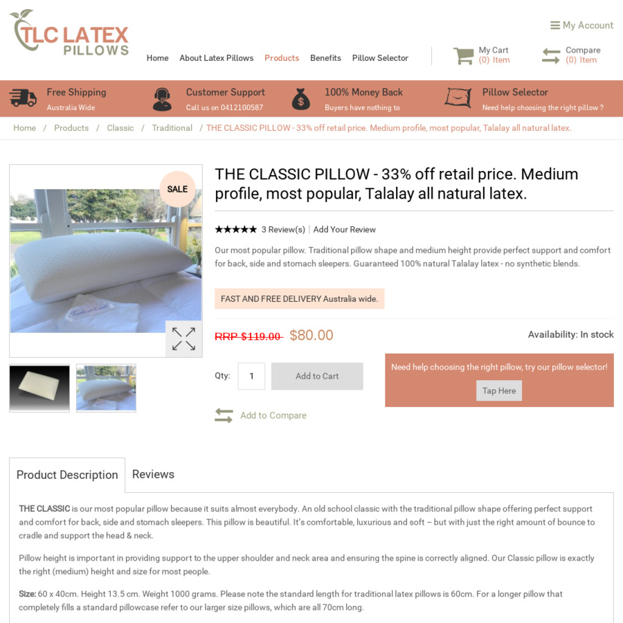 TLC 'The Classic' Latex Pillow at 65 Per Pillow (RRP 119) with Free