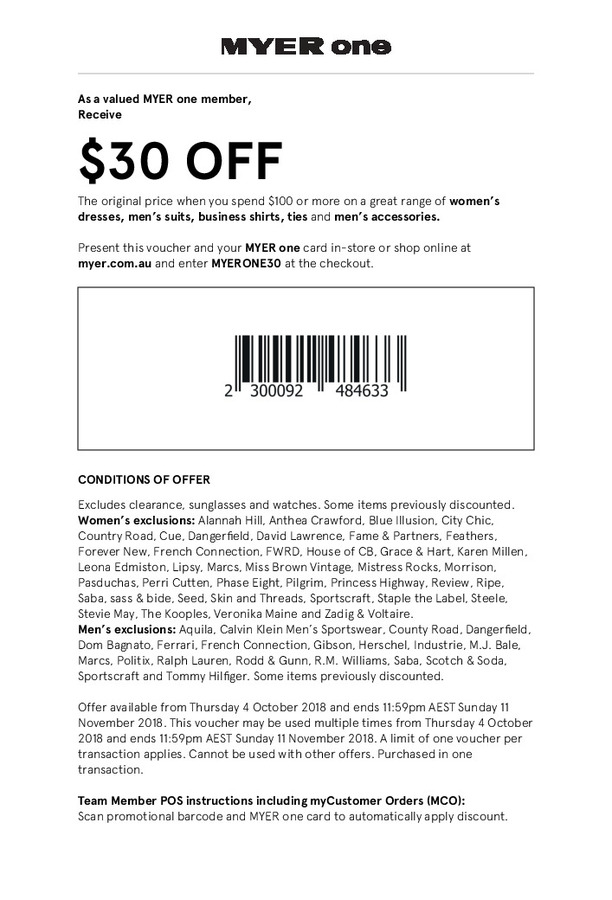 30 off When You Spend 100 (Clothing & Accessories Only, Myer One