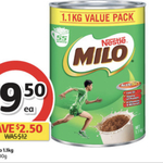 Nestlé Milo Chocolate Malt Drink 1.1kg $9.50 @ Coles | 1kg $8.60 @ Woolworths