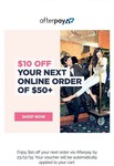 $10 off $50 Spend @ Afterpay