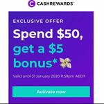 $5 Bonus Cashback with Minimum $50 Spend @ Cashrewards (Activation Required, Excludes Woolies GCs)