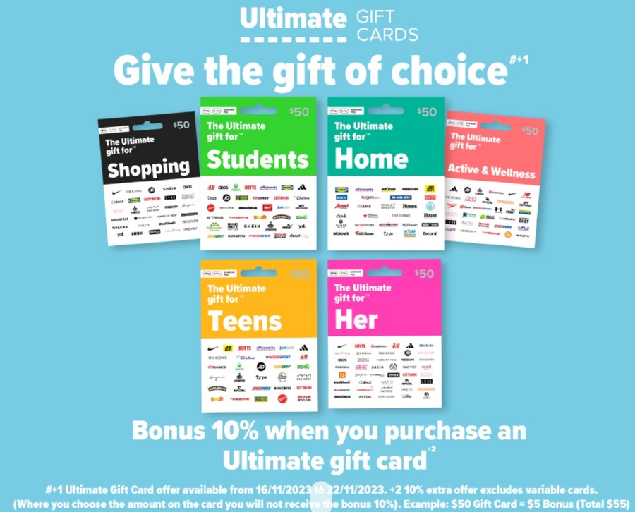 10% Bonus Value on Ultimate Gift Cards (Her, Home, Everyone, Eats, Active &  Wellness, Beauty & Spa) @ Coles - OzBargain