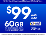 Catch Connect 365-Day 60GB Prepaid Mobile Plan $99 ($89 with One Pass) Delivered @ Catch