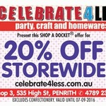 Party, Craft and Homewares with 20% off Storewide with Printed Voucher at Celebrate 4 Less, 3/535 High Street, Penrith, NSW