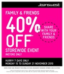 Jeanswest Family & Friends 40% off Storewide Event