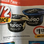 ½ Price Danone Yopro Yoghurt Varieties 160gm (15g Protein) $1.12 @ IGA