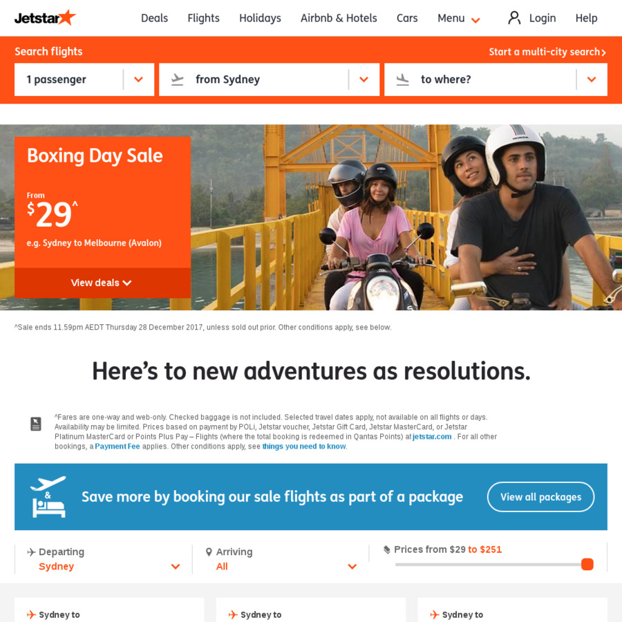 Jetstar Boxing Day Sale One Way Domestic from 29, One Way