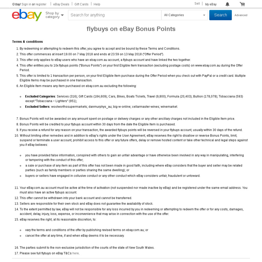 10x Flybuys Points in One Transaction eBay OzBargain